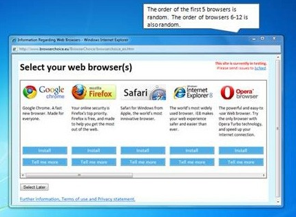 The old Windows browser choice screen on desktop, with from left to right Chrome, Firefox, Safari, IE, and Opera. A popout box says 'The order of the first 5 browsers is random. The order of browsers 6-12 is also random.'