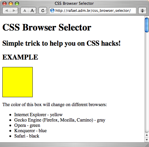 Screenshot of the browser detect script in Safari disguised as Internet Explorer. The box is yellow, but it should be black.